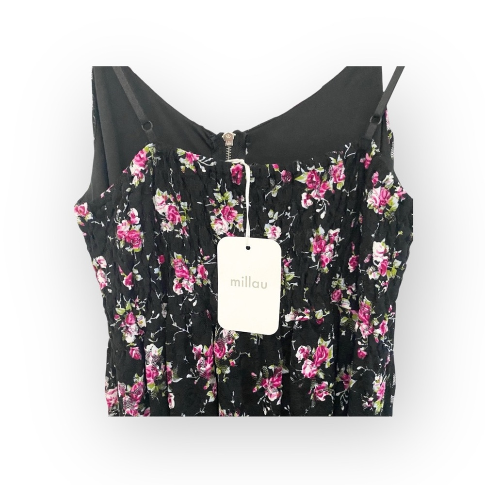 new LF Millau 𑁍 Floral Print Lace Babydoll Dress 𑁍 Black with Pink Flowers 𑁍 M - Picture 10 of 16